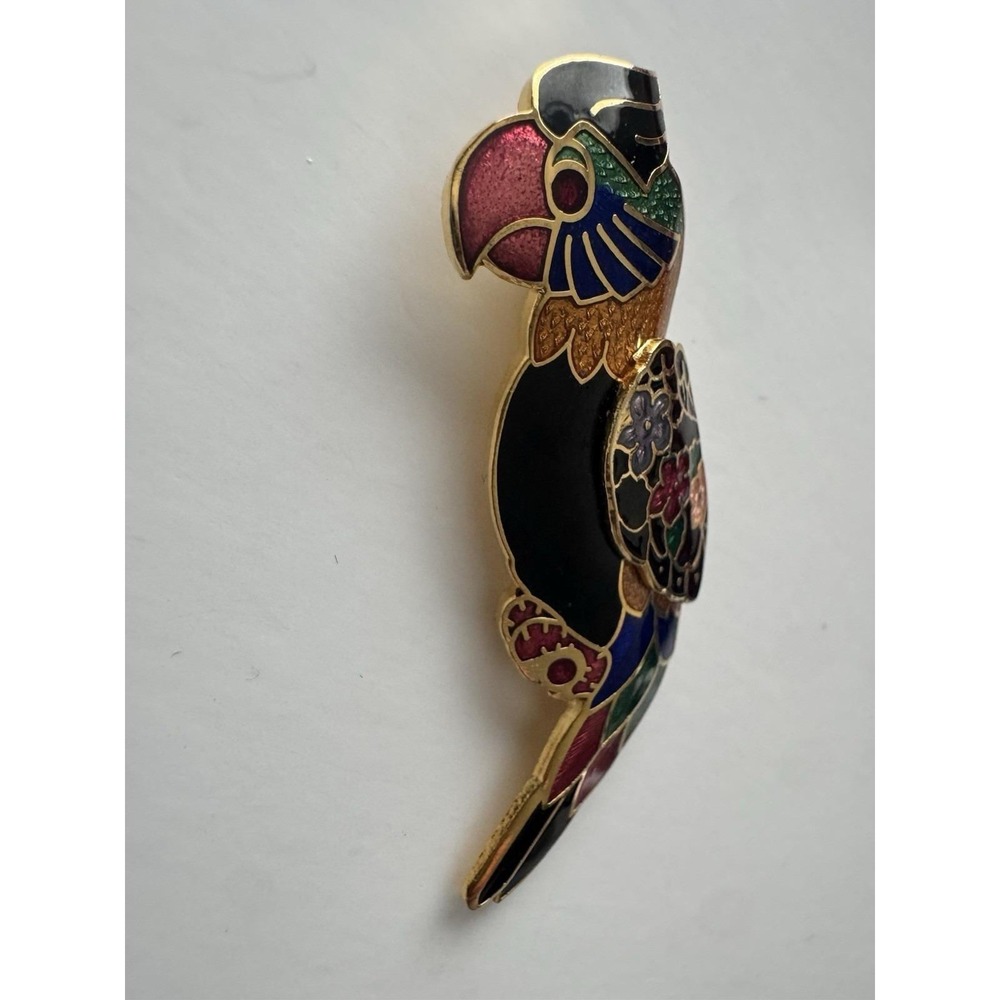 Vintage Cloisonné Enamel Macaw Parrot Multicolor Gold Tone Brooch